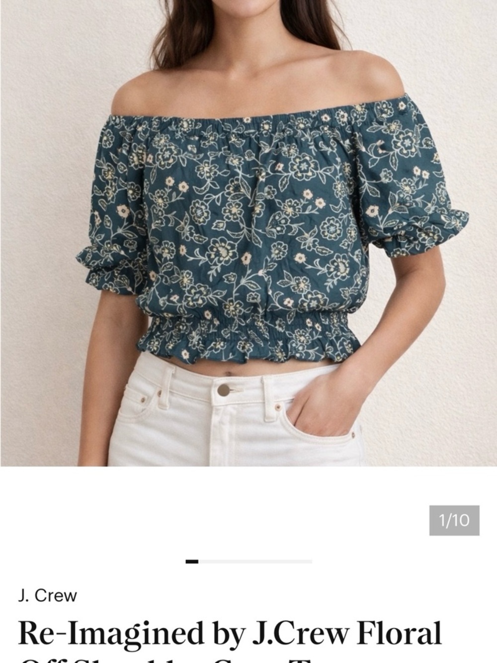J. Crew Teal Floral Off-Shoulder Smocked Crop Top